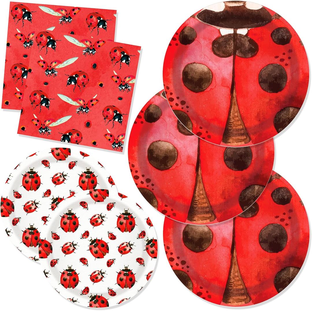 CC HOME Ladybug Birthday Paper Plates Napkins Coccinella Insect Disposable Tableware Set Party Supplies Ladybird Theme Dinnerware Serves 24 Guests for Audlts Kids Baby Shower Birthday 88PCS