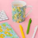 Lilly Pulitzer Cute Coffee Mug with Lemon Pattern, Ceramic Tea Cup with Bamboo Handle, Make Lemonade