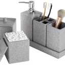 Gray Bathroom Accessories Set Resin 6PCS, Square Toothbrush Holders Set Complete with Soap Dispenser, Vanity Tray, Tumbler, Cups and Cotton Swab Jars for Counter, Sink or Small Spaces