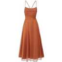 Women Backless Dress Sleeveless Elegance Mesh Ruffled Tie-Up Midi Dresses Flared for Party Wedding Evening Gown Toffee Brown M