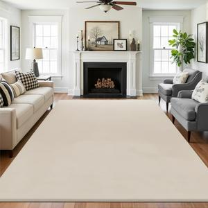 SHACOS Ultra Soft Faux Rabbit Fur Area Rug 6'x9', Non Slip Washable Padded Living Room Rugs, Fluffy Cozy Indoor Modern Carpet for Bedroom Dining Room Kids Room Dorm Home Decor, Beige