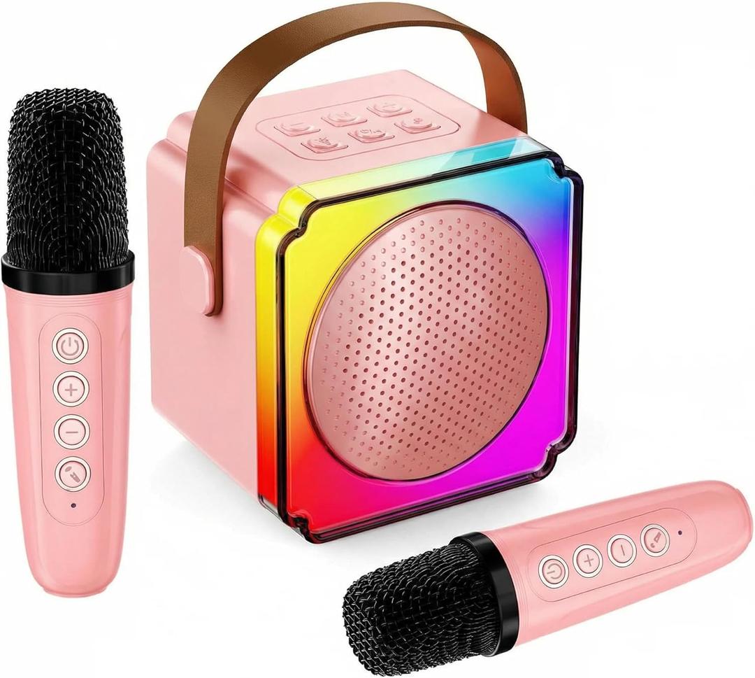 Karaoke Machine, Portable Speaker with Microphones, Birthday Family Party Gifts for Kids Girls Boys 3 4 5 Year Old (Pink - 2 Mic)