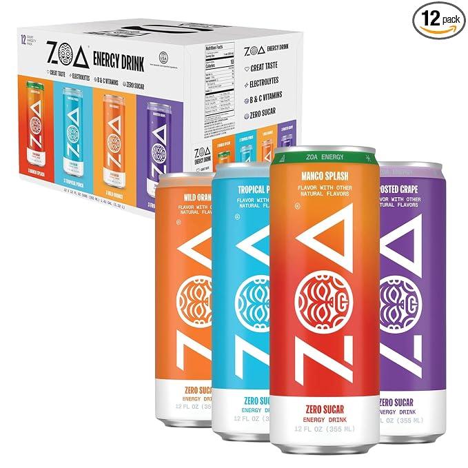 ZOA Zero Sugar Energy Drinks, Variety Pack - Sugar Free with Electrolytes, Healthy Vitamin C, Amino Acids, Essential B-Vitamins, and Caffeine from Green Tea (MS, TP, FG, WO)- 12 Fl Oz (12-Pack), 
 BBD Aug 4 2026