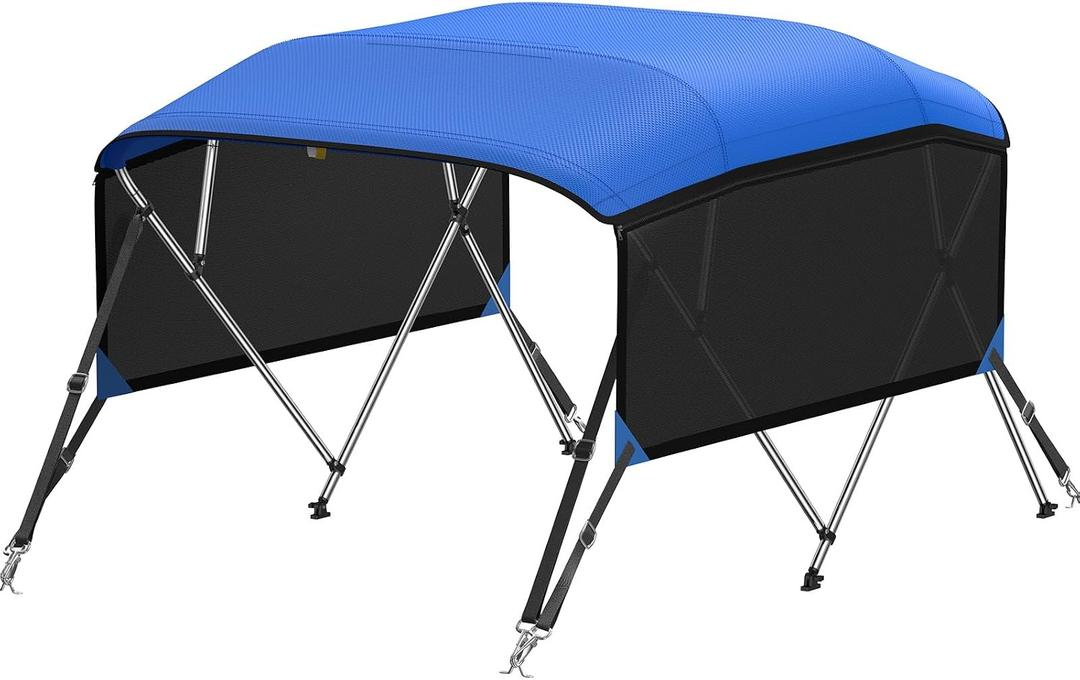 KAKIT 3 4 Bow Bimini Tops with Mesh Sidewalls Support Poles for Boats Marine Grade Canvas Top Includes 2 Straps Storage Boot 1 Inch Aluminum Frame