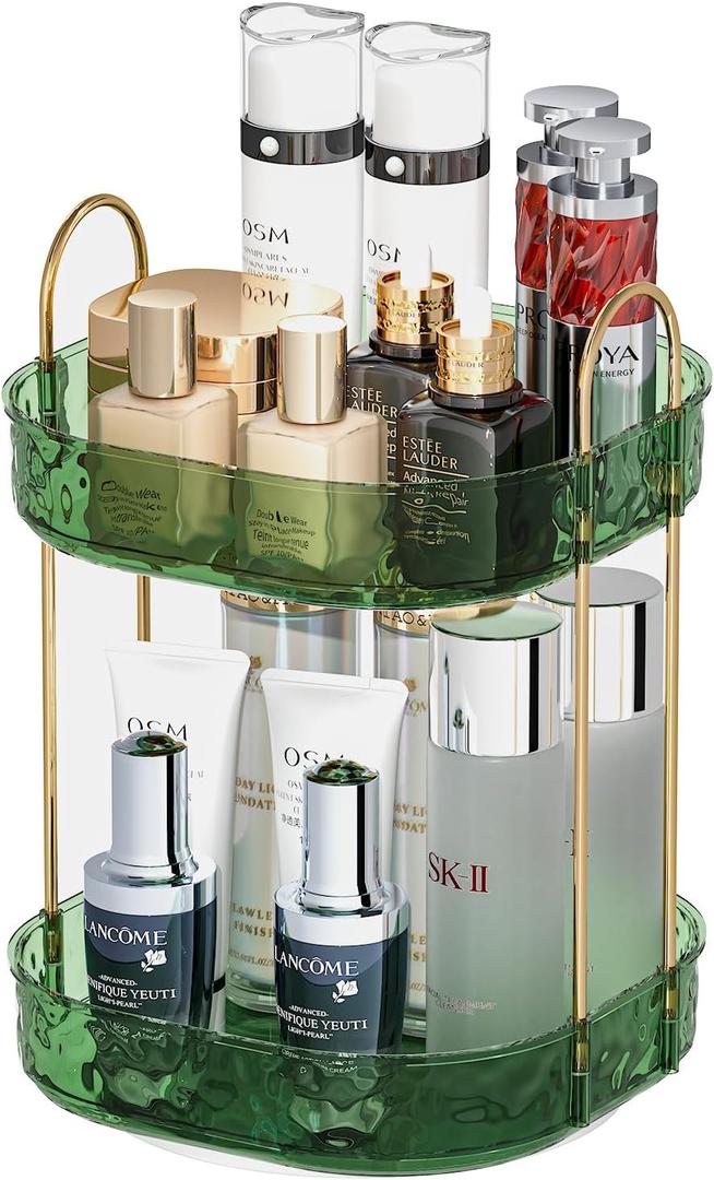 BIEDUM 360° Rotating Makeup Organizer with Perfume Holder – Bathroom Counter Organizer – Maximizes Storage Space with Stylish 2-Tier Design, Green