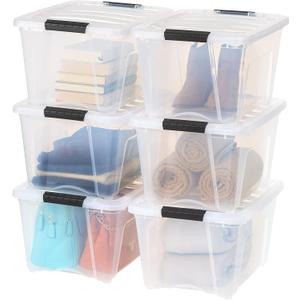IRIS USA 32 Qt Stackable Plastic Storage Bins with Lids, 6 Pack - BPA-Free, Made in USA - See-Through Organizing Solution, Latches, Durable Nestable Containers, Secure Pull Handle - Clear (32 Qt. - 6 Pack)