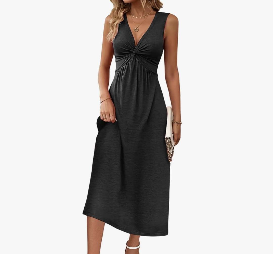 Women's V Neck Front Knotted Dresses Summer Sleeveless A Line Sundress Beach Party Vacasion Dress Outfits L