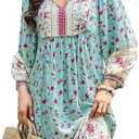 Bluetime Women Casual Summer Dress Boho V Neck 3/4 Sleeve Babydoll Floral Print Flowy Beach Dress Size 2XL