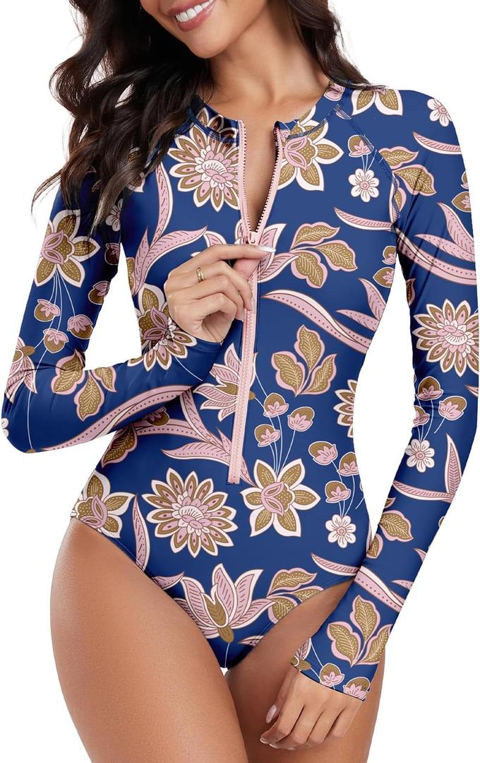 Century Star Long Sleeve Swimsuits for Women Teen Girls Bathing Suit Rash Guard Surfing Modest One Piece High Neck Swimwear (0-2, Blue Pink Floral) Size XS