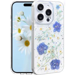 for iPhone 15 Pro Case Cute Clear with Real Pressed Flowers Design Glitter Sparkly Blue Dried Floral Slim Soft TPU Protective Women Girl's Phone Cover for iPhone 15Pro(Glitter Violet)