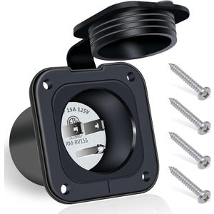 15 Amp Inlet, 125V Shore Power Inlet Power Inlet Port Plug NEMA 5-15P Male Receptacle RV Flanged Inlet with Waterproof Covers 2 Pole 3-Wire ETL Approved (No Cord)
