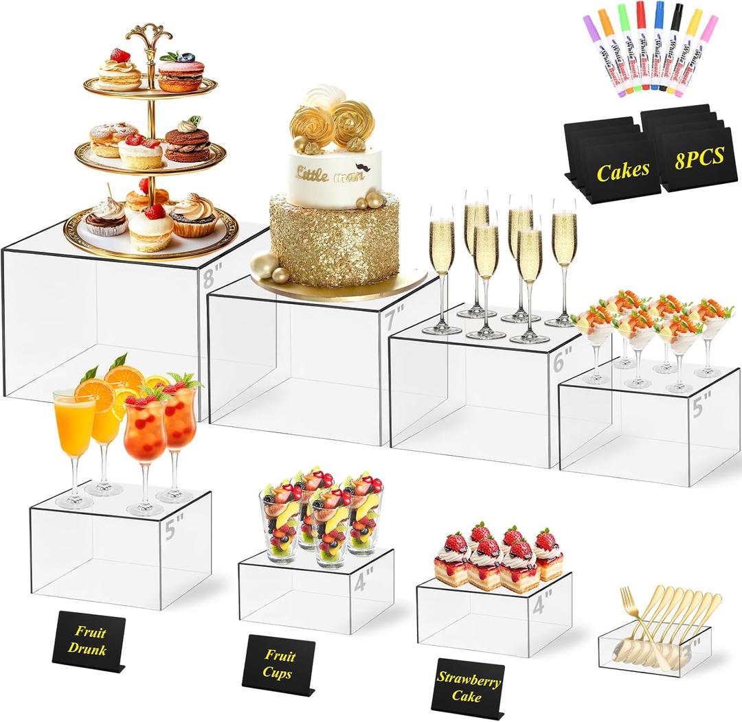 8 Pcs Clear Acrylic Buffet Risers with Mini Sign and Maker,Buffet Risers and Stands Clear Food Display Risers for Buffet Table Party Catering Dessert Cupcake Collectibles (8" 7" 6" 5" 5" 4" 4" 3")