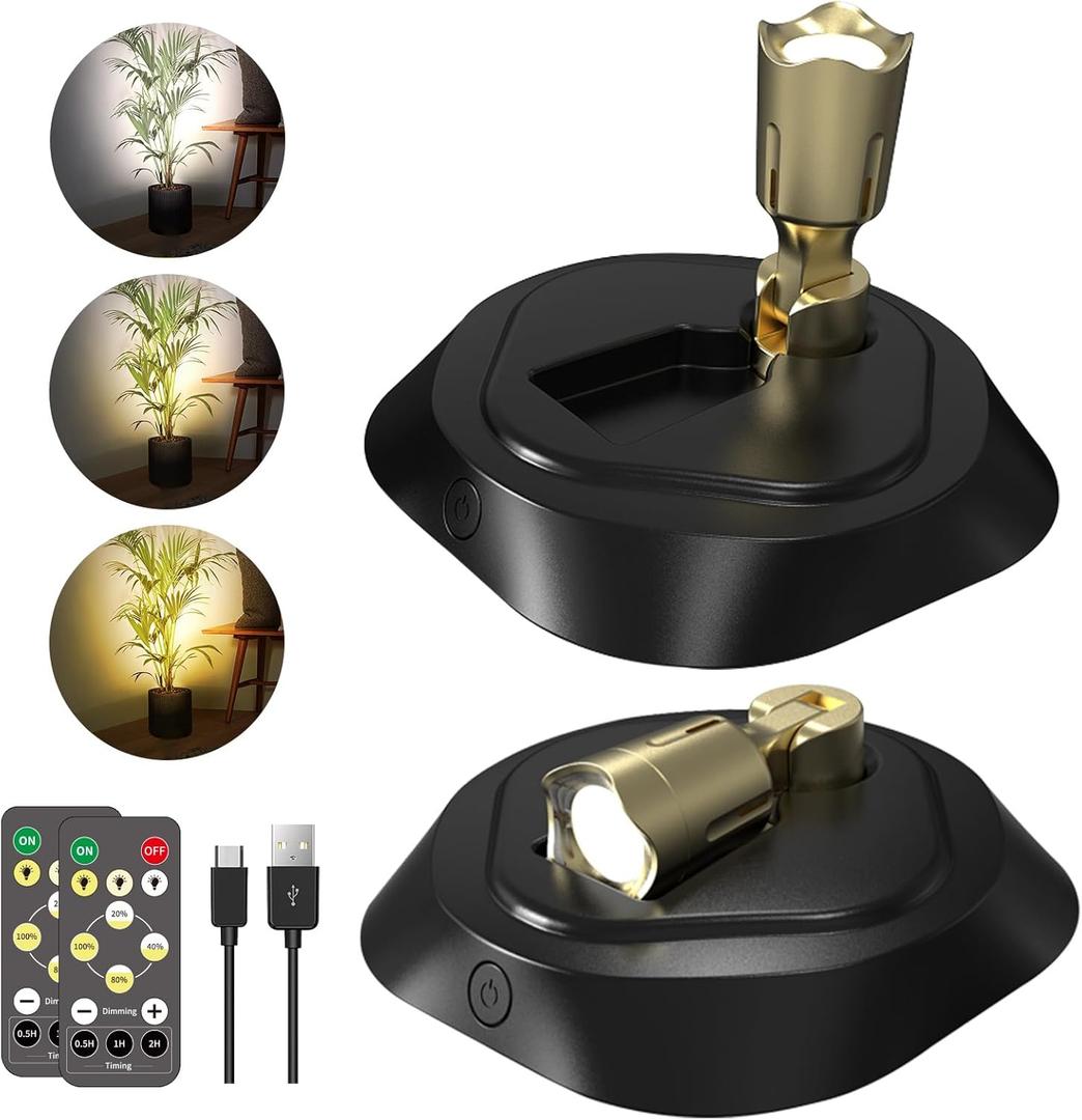 LEASTYLE LED Wireless Spotlights with Remote Magnetic Rechargeable Spot Lights Indoor with 3000K/4000K/6000K Timer Dimmable Battery Operated Spotlight for Plant Painting Artwork,2 Pack (3CCT Black+Gold)