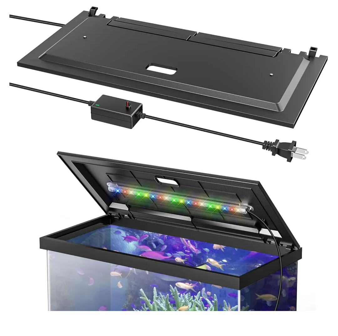 brand new in boxLED Aquarium Hood, Fish Tank Cover with Adjustable-Brightness Colored Light Tubes, Replaceable Full-Length Bulb, Fits 24-Inch Framed Aquariums, Black brand new in box brand new