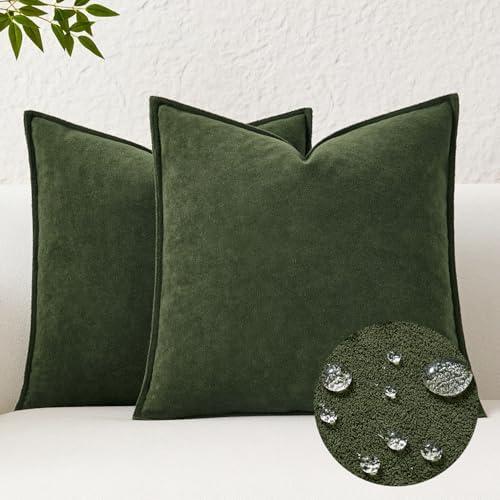Kevin Textile Spring Waterproof Decorative Pillow Covers Moss Green 22x22 Inch Pack of 2 Soft Boucle Textured Euro Pillowcases Elegant Accent Pillows for Couch Sofa Chair Bed Indoor Outdoor