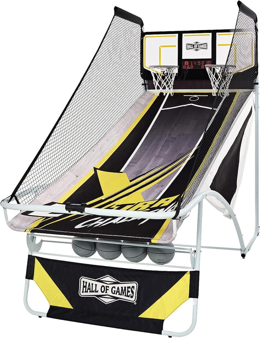 Hall of Games Xtra Long Shot EZ-Fold Premium Arcade Basketball Game with Built-in 4-Ball Storage Rack, Pop Off with The Perfect Basketball Game