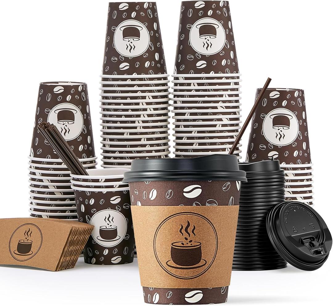 JOLLY PARTY 10oz(100 Pack) Disposable Coffee Cups with Lids, Sleeves and Straws - Paper Coffee Cups with Lids, Hot Cups for Shops, Cafes, and Concession Stands(Dark Brown)