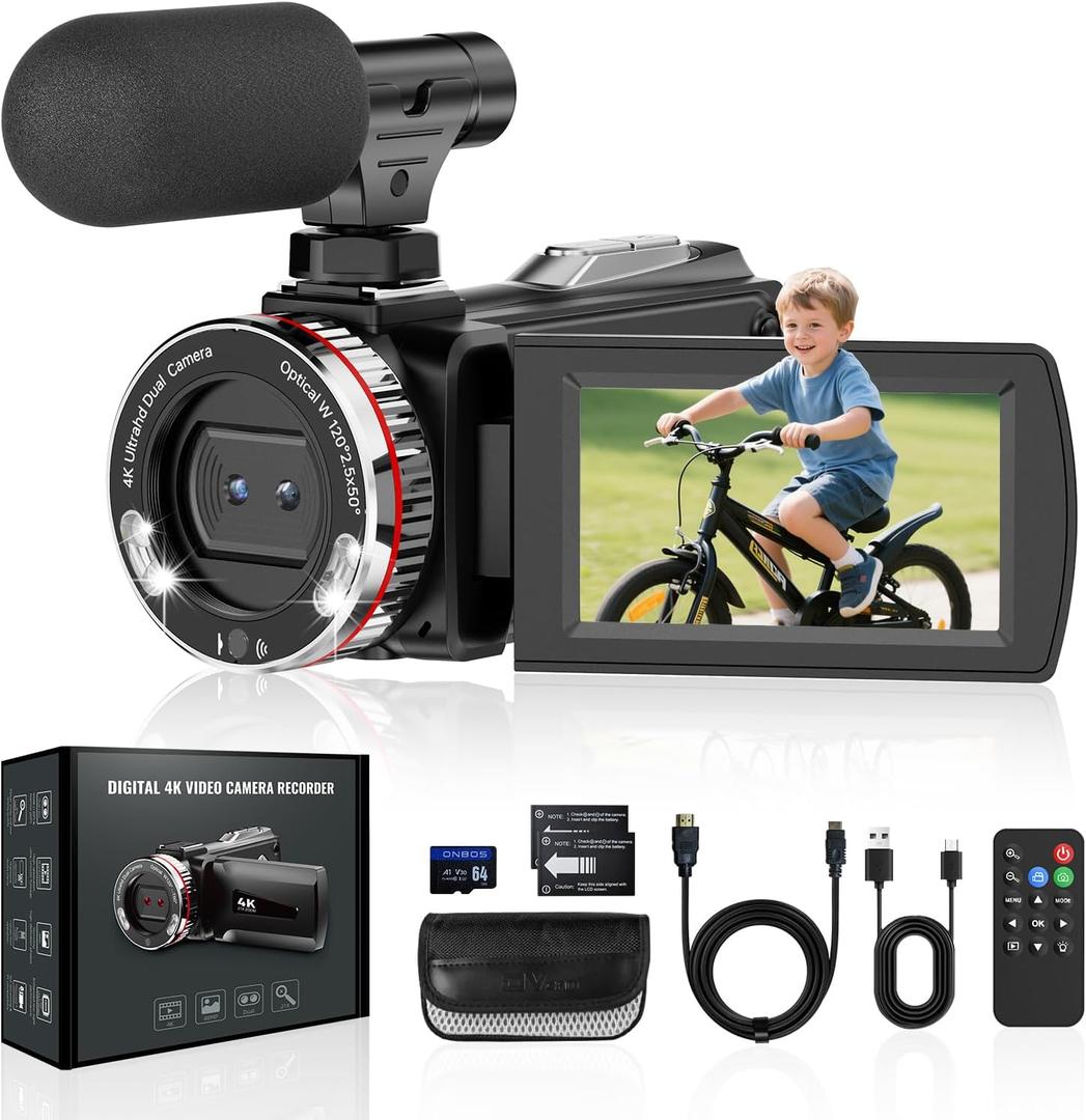 Camcorder Video Camera 4K 48MP 60FPS 21X Digital Zoom Vlogging Camera for YouTube, 3.0'' 270 Rotatable Screen Video Camera with 64 GB SD Card, HDMI Cable, External Mic, Remote Control, 2 Batteries
