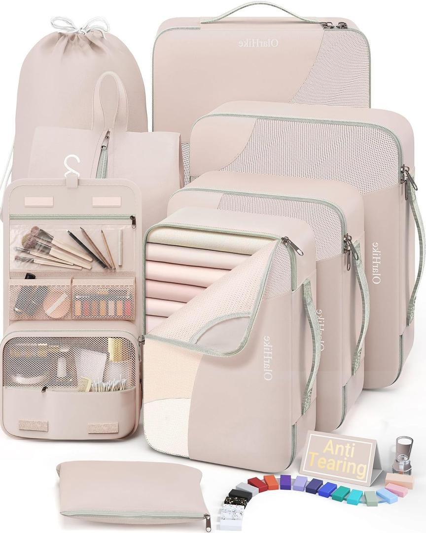 10 Set/8 Set Packing Cubes for Travel, Gifts for Women Mom,Anti-Tearing Suitcase Organizer for Luggage with Shoe & Hanging Toiletry Bag,OlarHike Vacation Essentials & Accessories for Cruise Ship,Cream