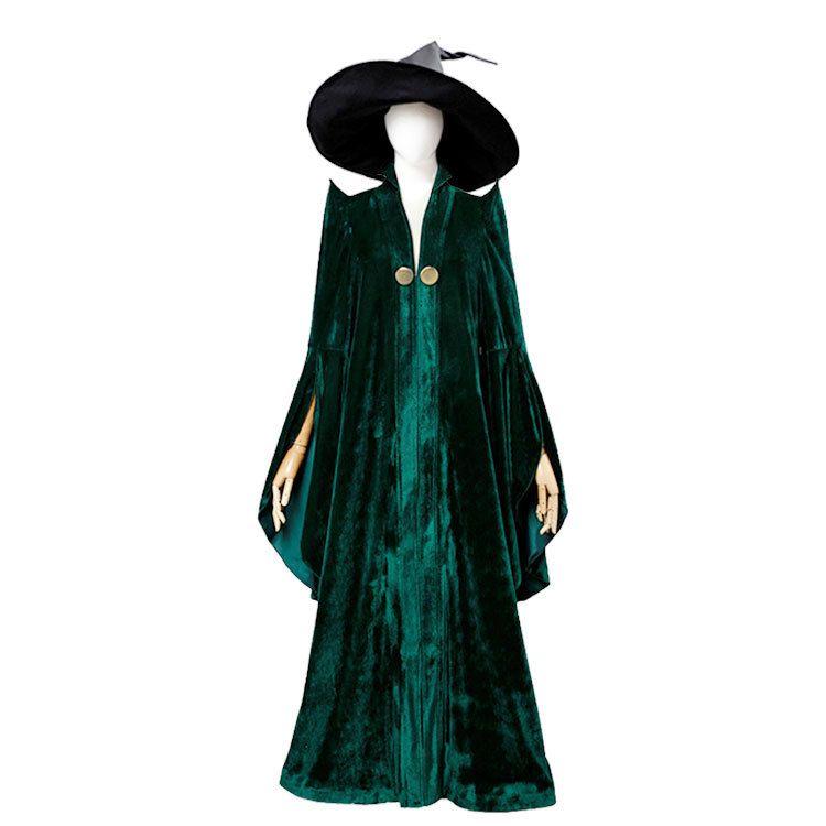 Womens Professor Mcgonagall Costume Green Robe Wizard Cloak Cap Glasses Suit Witch Cosplay Halloween Outfit XL