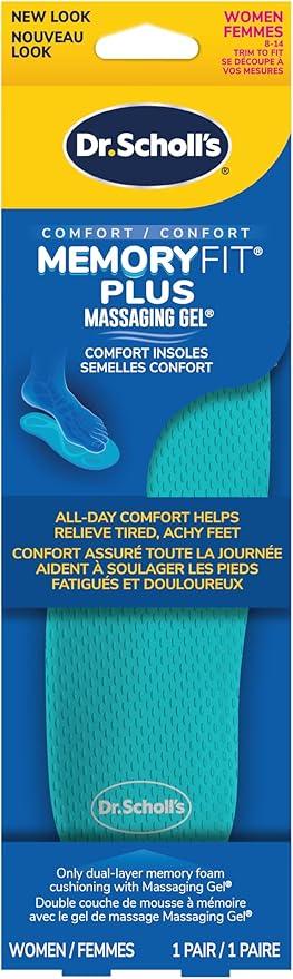 Dr. Scholl's Memory Fit Plus Massaging Gel, Comfort Insoles, Memory Foam & Gel, All-Day Comfort, Arch Support, Distributes Pressure,Shock Absorbing,Trim Insert to Fit Shoe, Women Size 6-10, 2 Pair