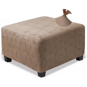 NeColorLife Square Ottoman Cover Large,Stretch Square Ottoman Covers Slipcover,Knitted Jacquard Cover for Storage Stool,Footstool Protection for Living Room,Light Coffee,Large (L Length&Width:35-44",Height:14-20")