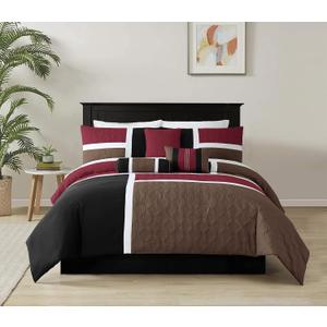 Chezmoi Collection Upland 7-Piece Quilted Patchwork Comforter Set, Burgundy/Black/Brown, Full
