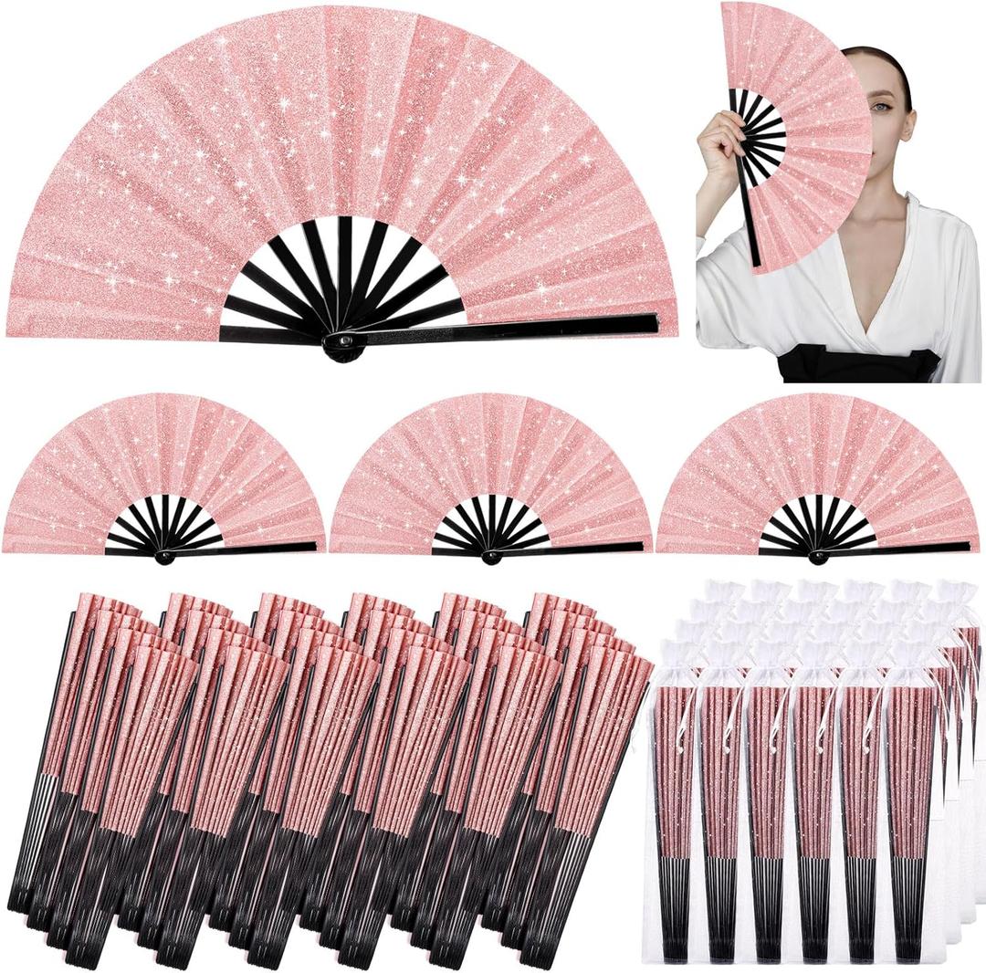 24 Pcs Large Folding Hand Fans for Line Dancing, Fan with Bag Clapping Popping Raves Fans Bulk for Wedding Festival EDM Club Party Decoration (Rose Gold)