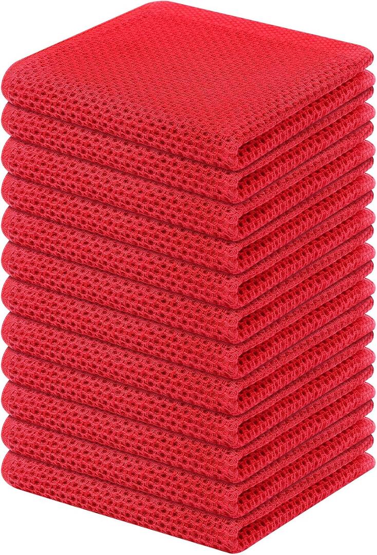 Kitinjoy 100% Cotton Kitchen Dish Cloths (12 X 12 Inches, Red), 12 Pack Waffle Weave Ultra Soft Absorbent Dish Towels for Drying Dishes Quick Drying Kitchen Towels Dish Rags