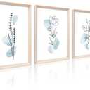 HesenDot Framed Blue Floral Canvas Wall Art, Minimalist Botanical Wall Art Decor, 12x16IN Wood High Framed Prints, Boho Flowers Artworks Prints Posters for Living Room, Kitchen, Bedroom Set of 3