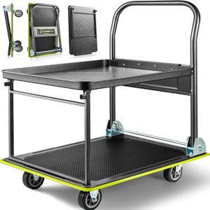 Heavy Duty Push Cart Dolly (700 lbs), Foldable Platform Hand Truck Made with High-Strength Steel, 2 Tier Design, Moving Flatbed Cart with Wheels for Warehouse, Garage, Workshop, Office
