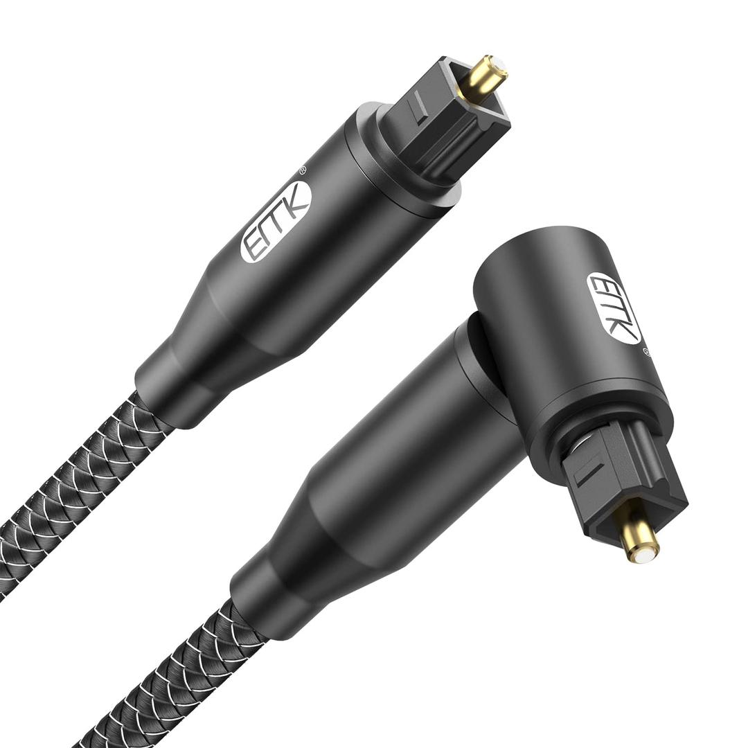 EMK 90 Degree Right Angle Optical Audio Cable [6ft/2M] - 360 Rotatable Digital Toslink SPDIF Cable for Soundbar to TV, Home Theater - Black Fiber Optic Cable with Angled Connector