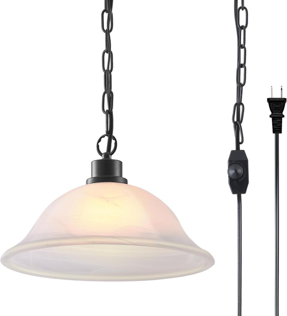 ANYLOVE Vintage Frosted Alabaster Plug in Pendant Light,12" Glass Shade,Black Chain,Adjustable Pendant Light,No Light Source,for Kitchen,Bedroom,Living Room, Vintage 