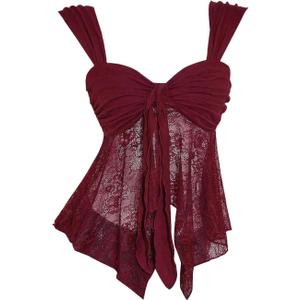 BEAUDRM Women's Y2k Lace Tank Top Sheer Mesh Asymmetrical Flowy Sweetheart Neck Sleeveless Going Out Party Club Rave Tops (Red, L)