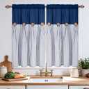BLEUM CADE Farmhouse Kitchen Curtains 36 Inch, Cotton Linen Cafe Curtains with Rustic Buttons, Boho Small Window Curtains for Bathroom, Blue Stripe Half Window Drapes Over Sink, 2 Panels