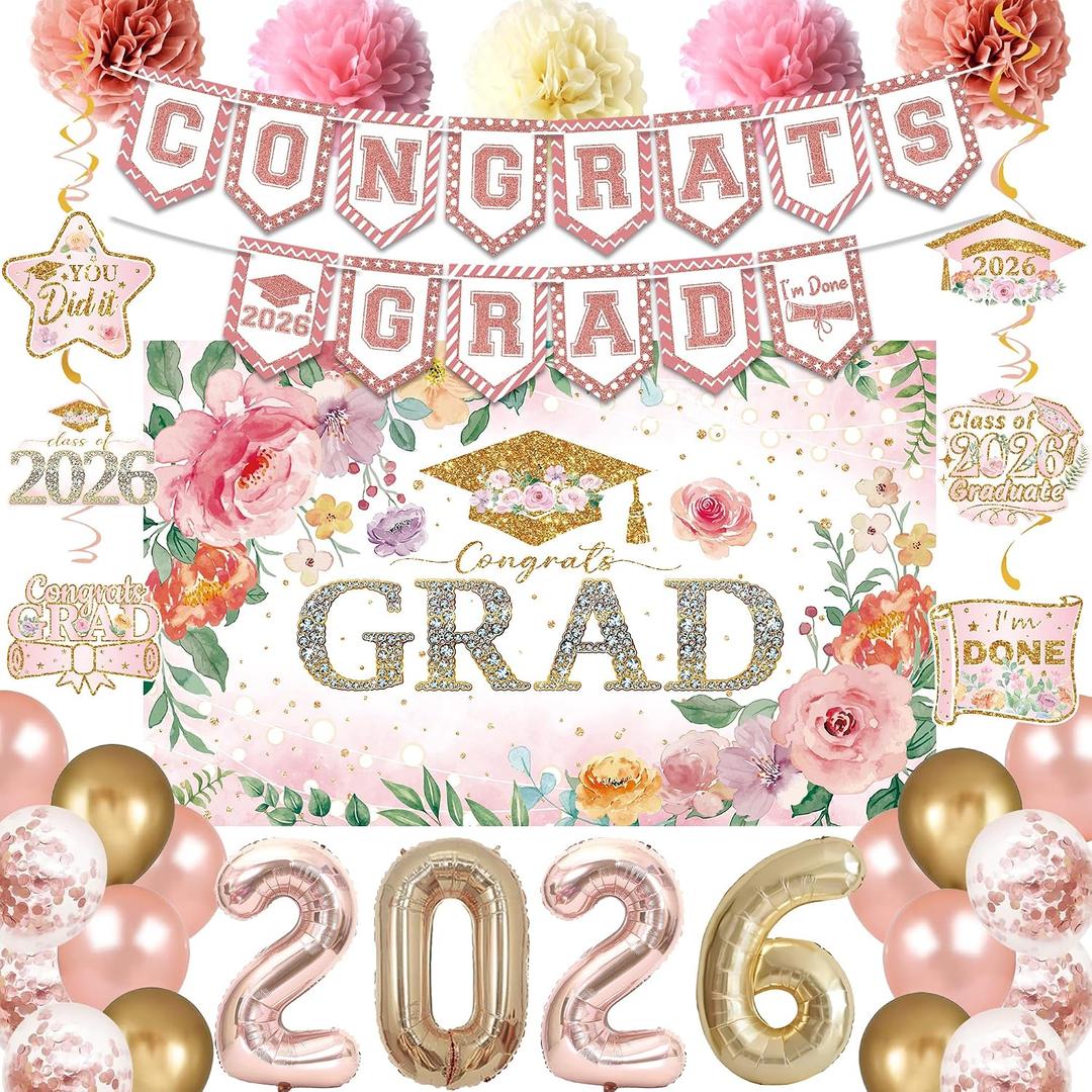 Holkcog 2026 Graduation Decorations, Pink Class of 2026 Congrats Graduation Floral Backdrop, Balloons, Paper Pompoms for Graduation Party Decorations, Outdoor Indoor College Grad Party Decorations