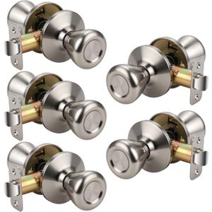 KNOBWELL 5 Pack Passage Door Knobs Brushed Nickel, Round Interior Door Knobs for Closet and Hallway, Satin Nickel Indoor Door Knob Keyless, Silver Door Knob with Lock, Tulip Design