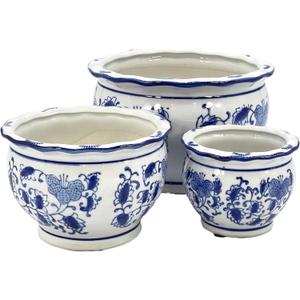 Galt International Blue & White Floral Porcelain Ceramic Decorative Compact Flower Pot 8"/6"/4.5" Diameter Garden Pots Chinese Asian Design - Set of 3 Round Pots
