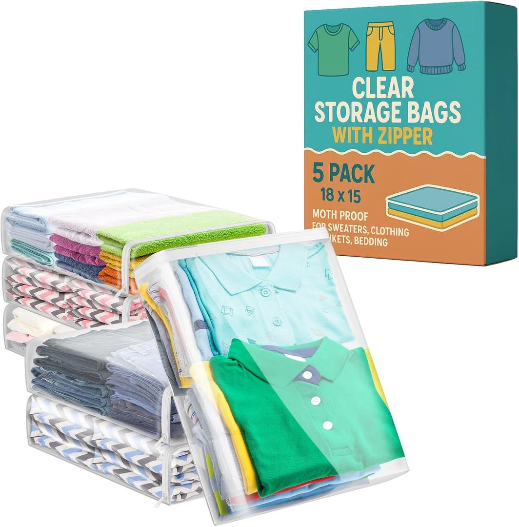 Houseables Sweater Bags Moth Proof, Clothing Storage Bags, with Zipper, Sweater Storage, Clear Zippered Organizers, Clothes, Blanket, Linen, Bedding, Quilt, Vinyl Plastic Protectors, 18x15x4, 5 Pack.