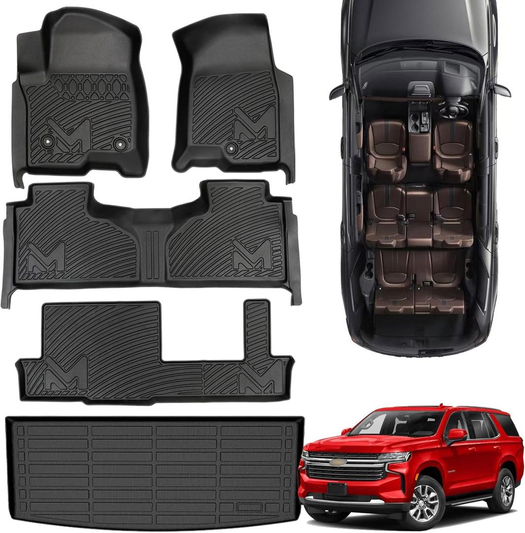 TPE Automotive Floor Mats & Cargo Liner Custom for 2021-2025 Chevy Tahoe (Only Fit 8 Seats)/ GMC Yukon (Not Fit XL), All Weather Cover Protection Waterproof Black Floor Liner Row Full Set Car Mats