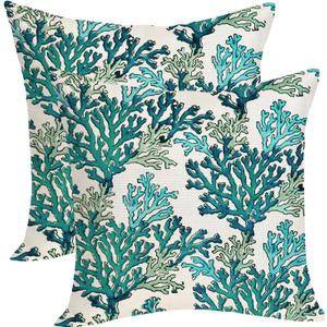 Summer Pillow Covers 18x18 Pack of 2 Coastal Green Blue Coral Throw Pillow Covers Outdoor Branch Ocean Themed Beach Decor Pillowcase Beachy Nautical Linen Cushion Case for Sofa Couch