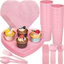 SiliFine 60 Pcs Valentines Day Party Supplies Bulk Serves 10 Plastic Dinnerware Set Disposable Plates Napkins Cups Spoons Forks Knives for Valentine's Party Decorations (Pink)