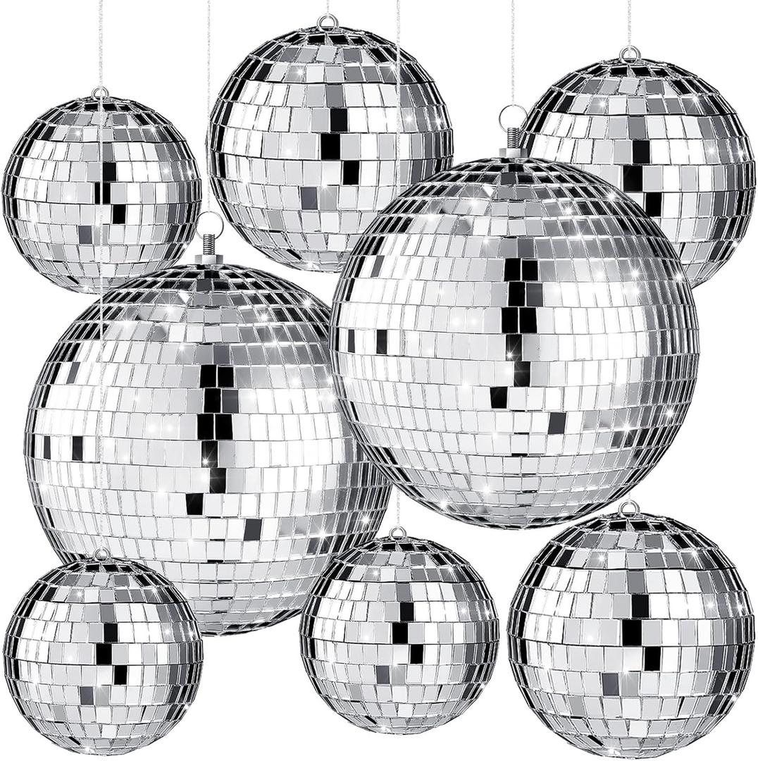 Haull 8 Pcs Large Disco Ball Set Silver Mirror Disco Reflective Ball with Hanging Ring Party Ornament Decoration for Stage Club Ballroom Dance Hall Wedding Prom Props(3'', 4'', 6'')