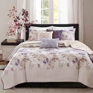 Madison Park Luna Quilt Modern Classic Design All Season, Breathable Coverlet Lightweight Bedding Set, Matching Shams, Decorative Pillow, Full/Queen(90"x90"), Floral Taupe 6 Piece