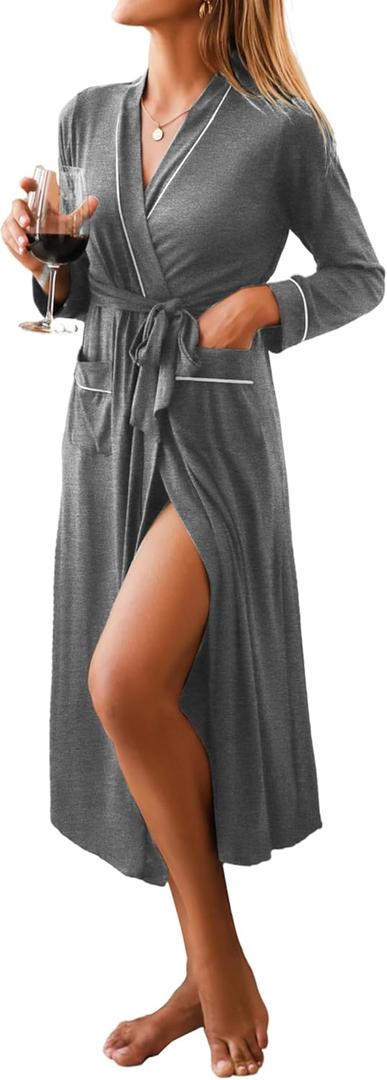Ekouaer Women's Kimono Robes Full Length Knit Bathrobe Lightweight Soft Sleepwear V-neck Casual Ladies Loungewear, (Medium, Gray)