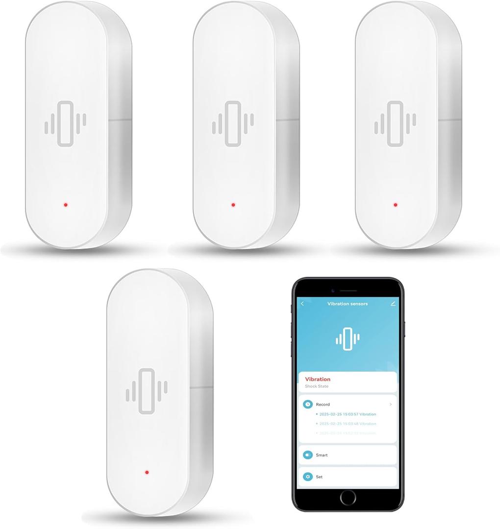 WiFi Vibration Sensor: Smart Door Window Sensor with App Alerts, Wireless Glass Break Detector, Adjustable Sensitivity, Compatible with Alexa Google Home (4Pack)