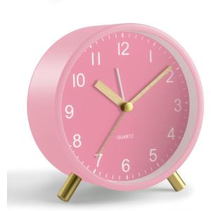 Analog Alarm Clock, 4 inch Super Silent Non Ticking Small Clock with Night Light, Battery Operated, Simple Design, easy setting for Office, Bedroom, Bedside, Desk, teens, elders, kids, adult, Pink