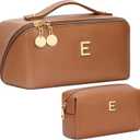 Birthday Gifts for Women Teen Girl, Personalized Initial Makeup Organizer Bag Set, Open Flat Travel Cosmetic Bag With Clear Divider and Handle(Brown,E)