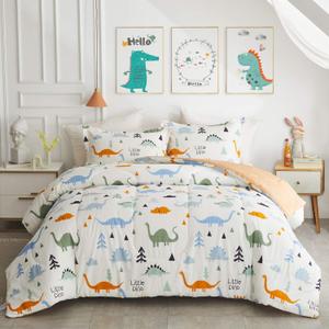 Joyreap 3pcs Cotton Comforter Set for Kids, Dinosaur Twin Size Cotton Bedding Comforter for Boys Girls, White n Orange Reversible Design, Soft n Cozy Comforter for All Season- 68x88 inches