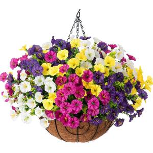 HyeFlora Artificial Hanging Flowers Faux Plants Basket for Outdoors Spring Decor, Fake Silk Morning Glory with Eucalyptus in Planter UV Resistant Outdoor Flowers for Outside Porch Patio Garden Home